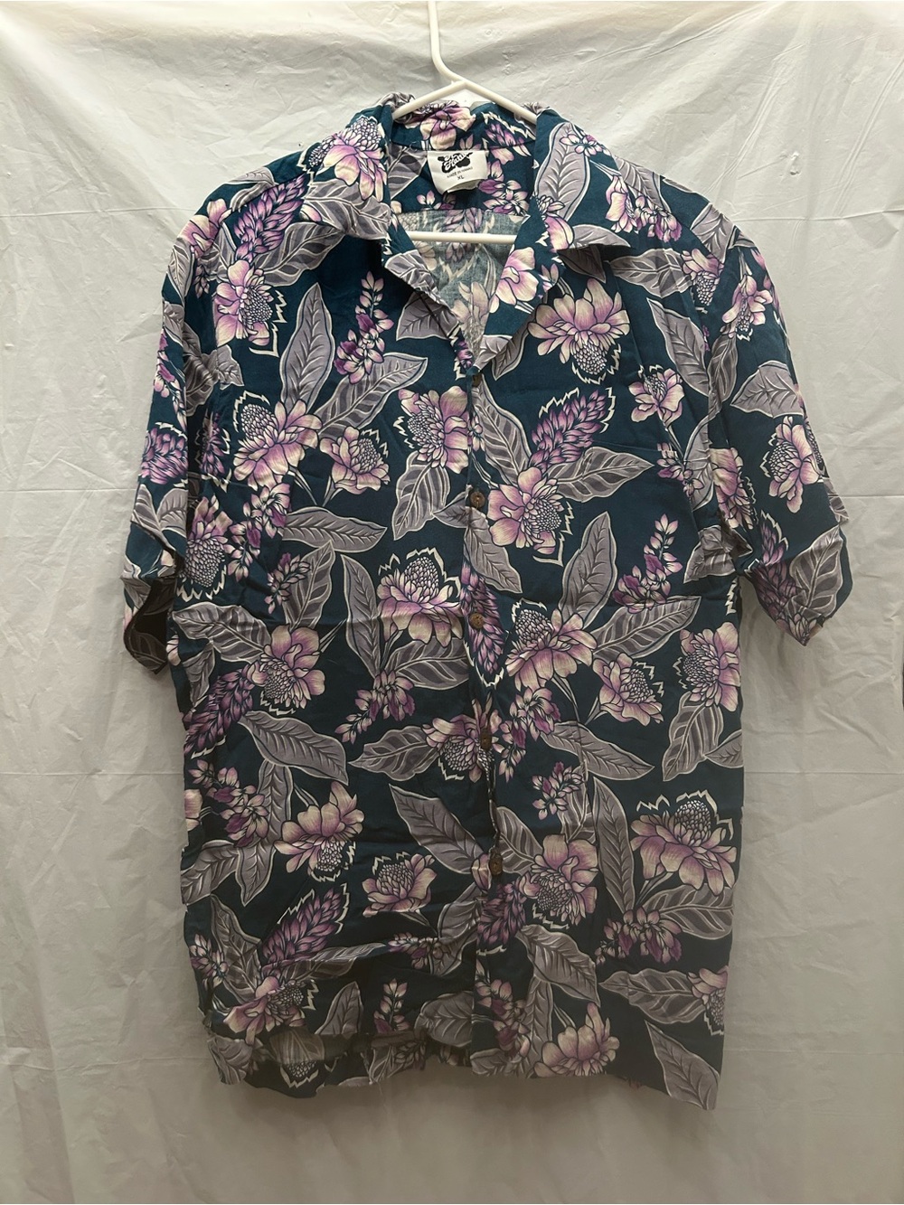 Hilo Hattie Teal Hawaiian Shirt with Purple Floral Print Sz XL 100% Rayon